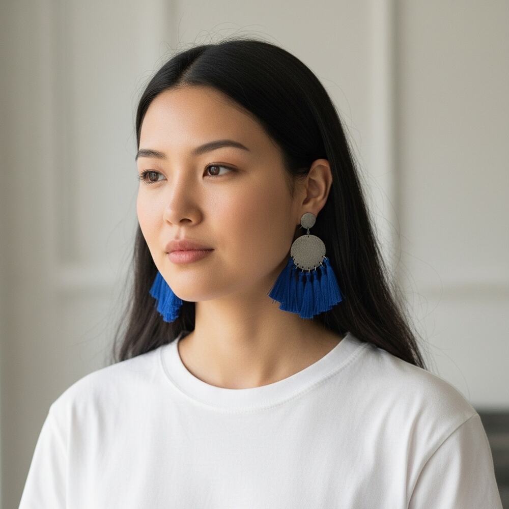 Blue Tassel Statement Earrings Silver Disc Boho Fringe